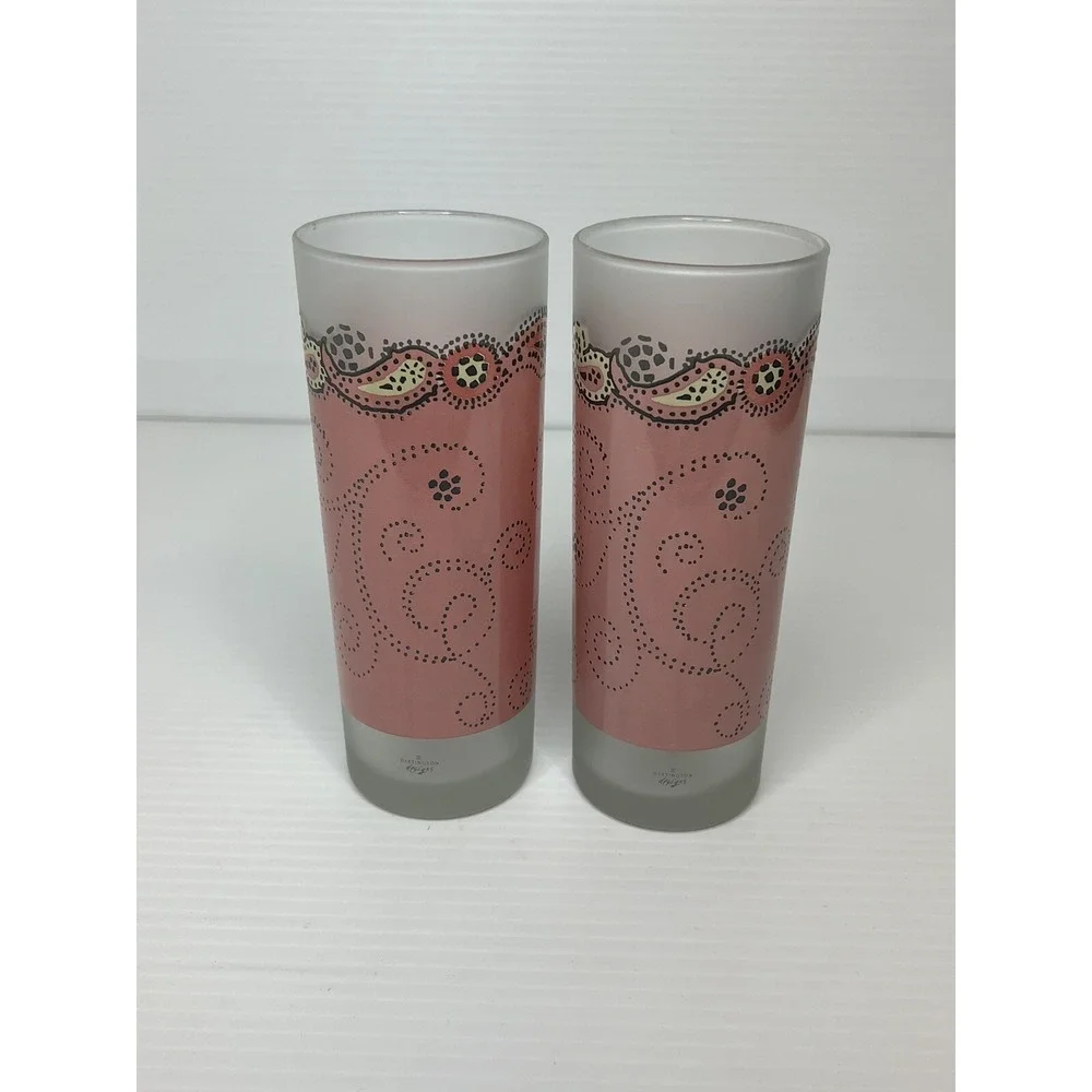 Frosted High Ball Tumbler Glasses Pink Paisley Darlington Designs Set Of 2